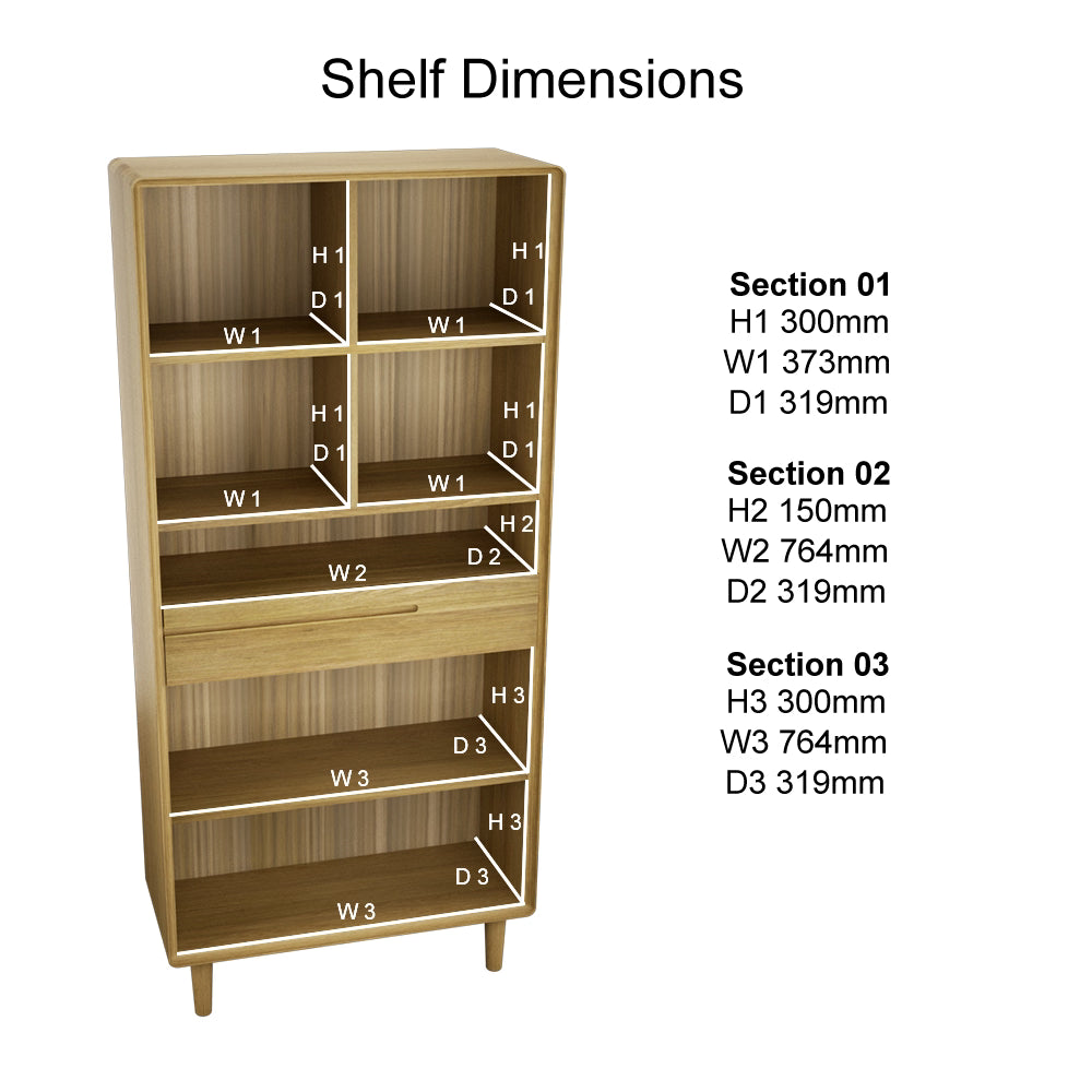 Tall wooden shelving unit with multiple compartments and labeled shelf dimensions