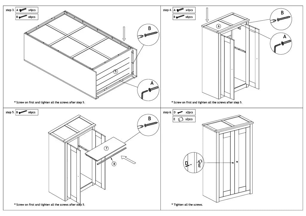 Wardrobe assembly instructions showing step-by-step cabinet construction with screws and panels