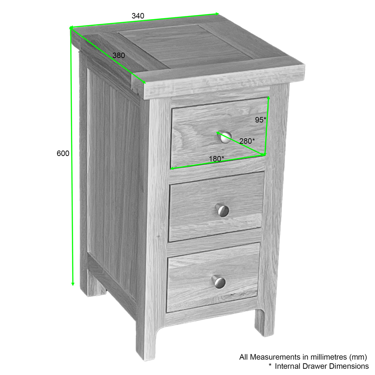 Oak bedside table with three drawers, silver handles, and measurements in millimetres