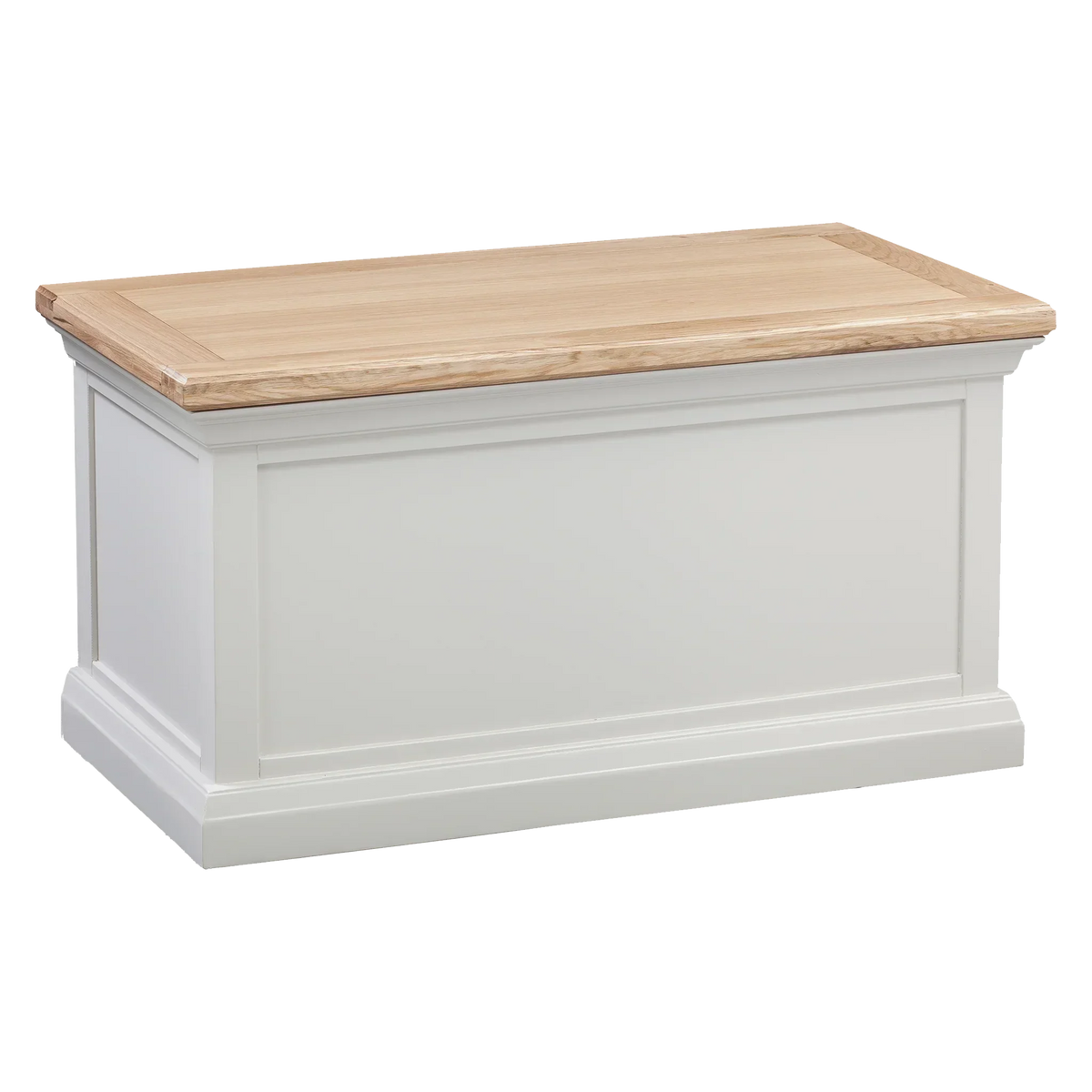 Wooden storage chest with white painted sides and natural oak top, angled front view