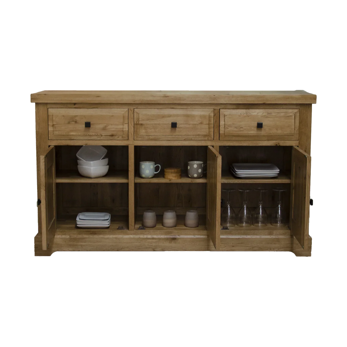 Oak sideboard with three drawers and open cabinet doors showing dishes and mugs inside