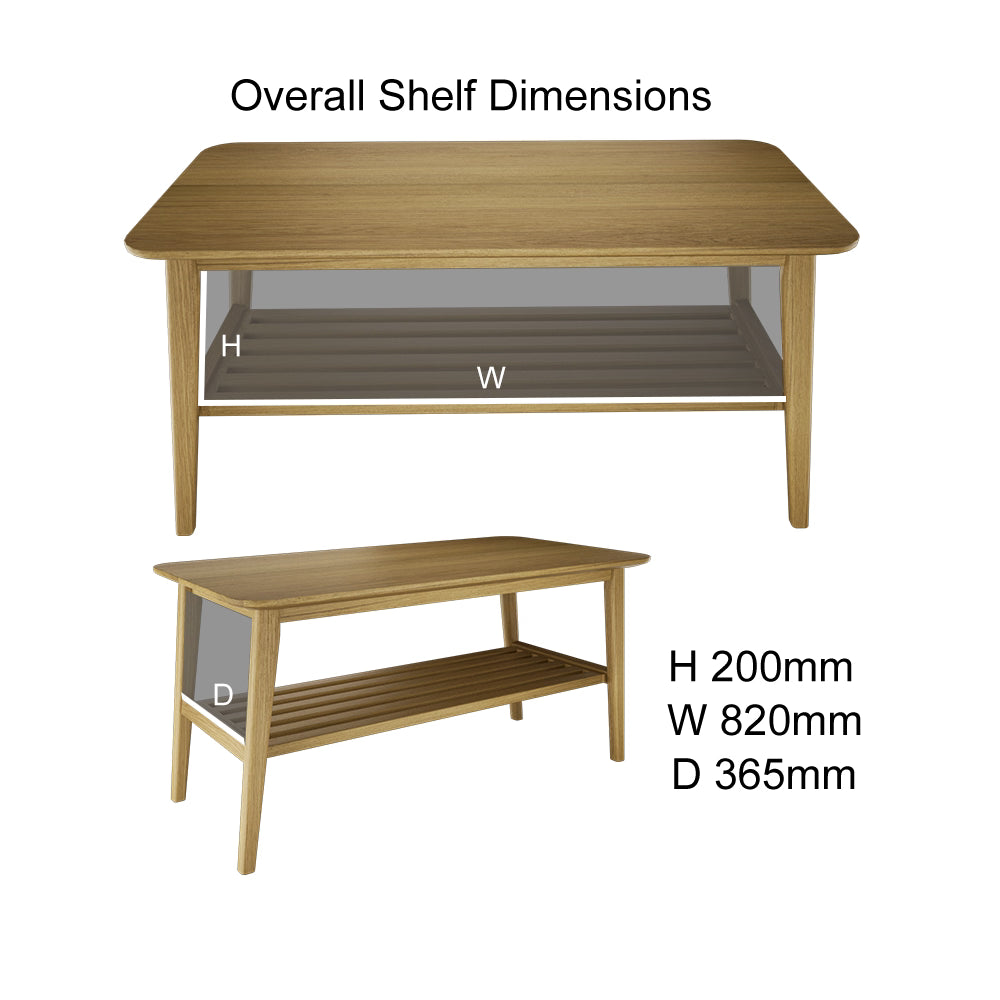 Rectangular wooden coffee table with slatted lower shelf and shelf dimensions indicated