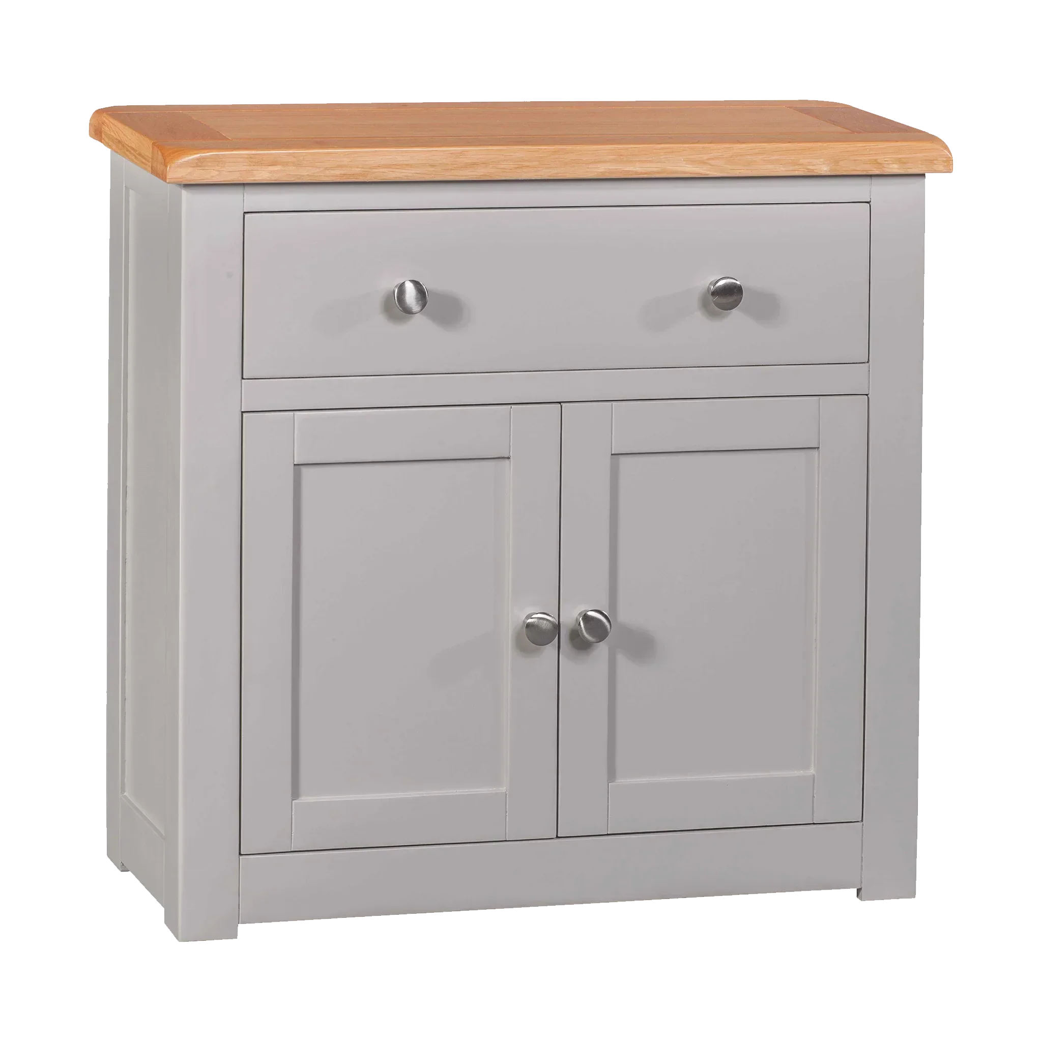Grey sideboard with oak top, single drawer, and double door storage