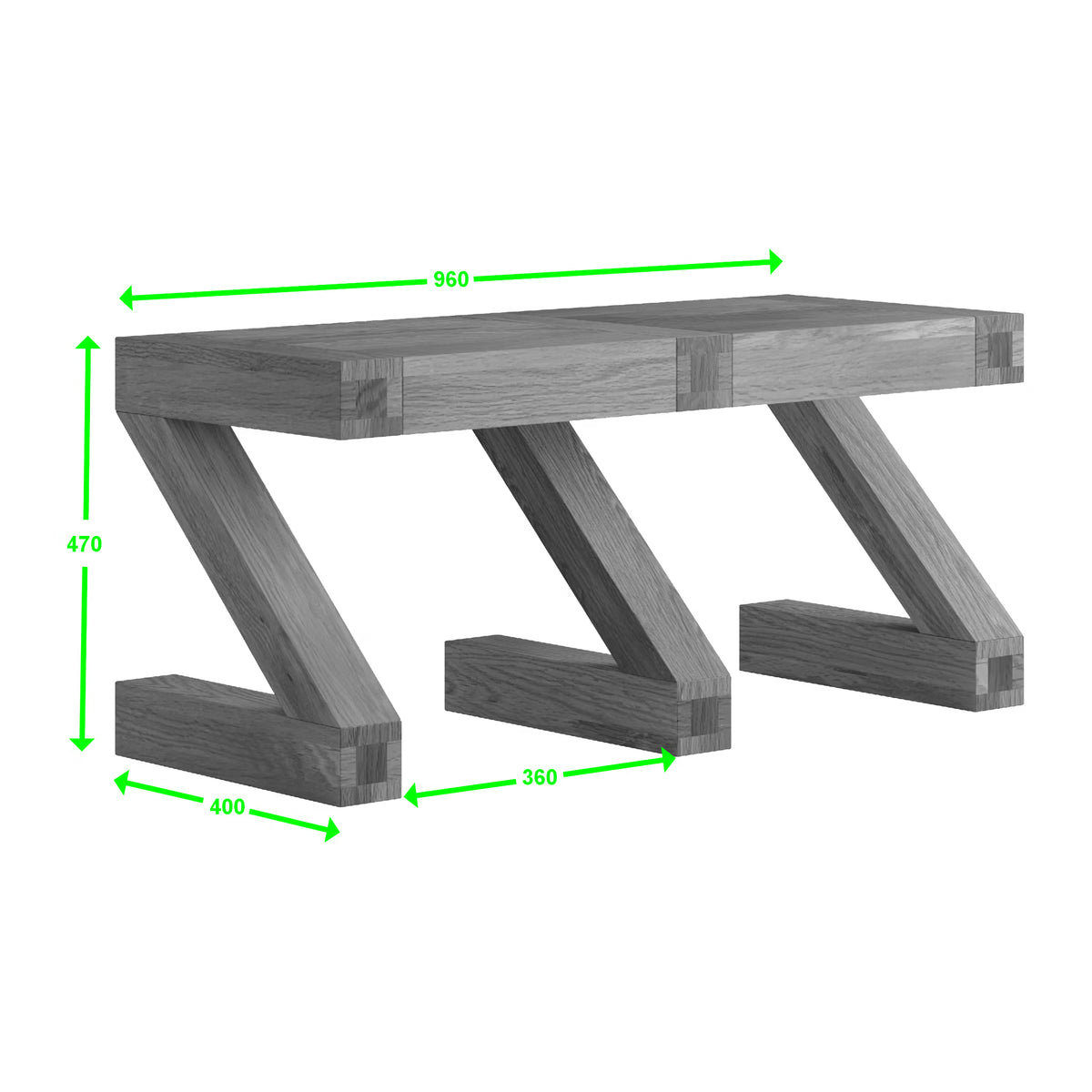 Solid wood bench with angled legs and visible measurements in millimetres