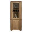 Oak corner display cabinet with glass door, wooden shelves, and decorative items inside