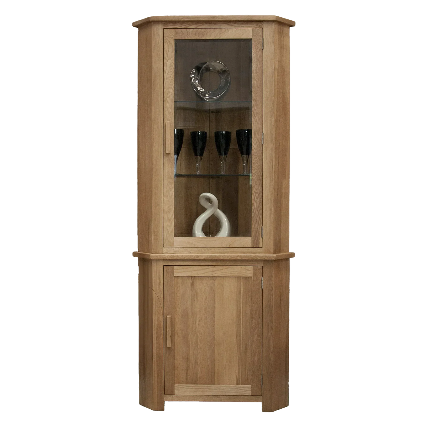 Oak corner display cabinet with glass door, wooden shelves, and decorative items inside
