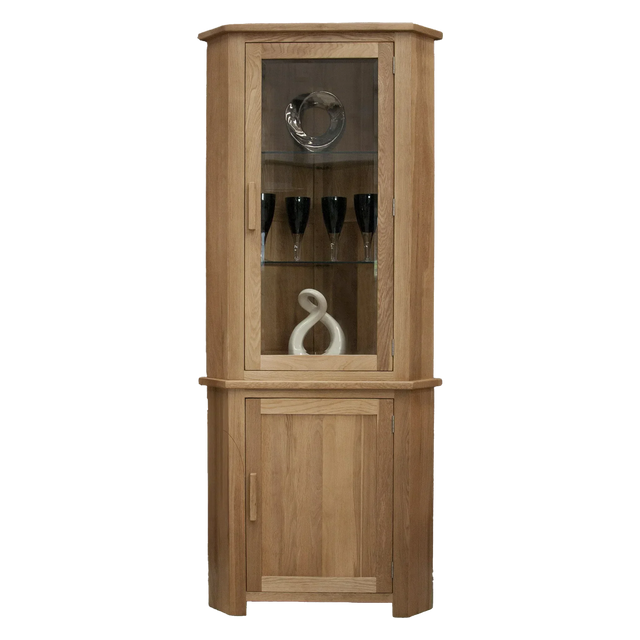 Oak corner display cabinet with glass door, wooden shelves, and decorative items inside