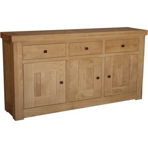 Oak sideboard with three drawers, three cabinet doors and square metal handles