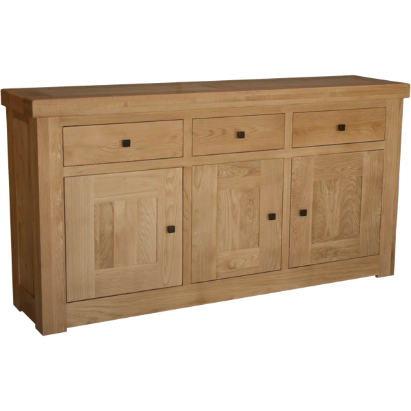 Oak sideboard with three drawers, three cabinet doors and square metal handles