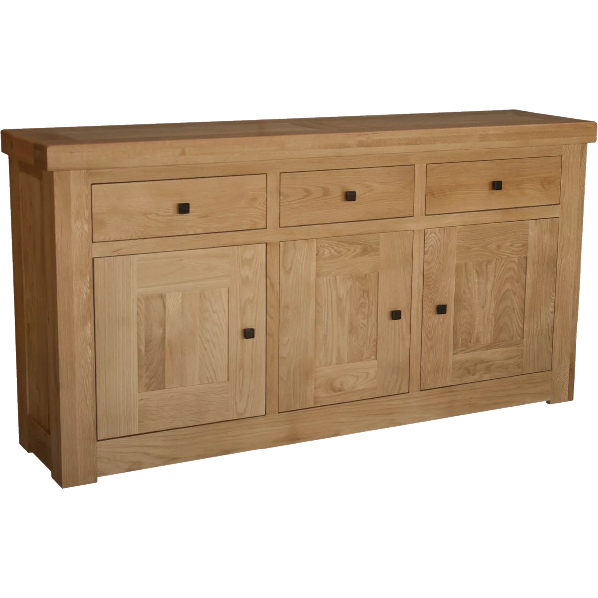 Oak sideboard with three drawers, three cabinet doors and square metal handles