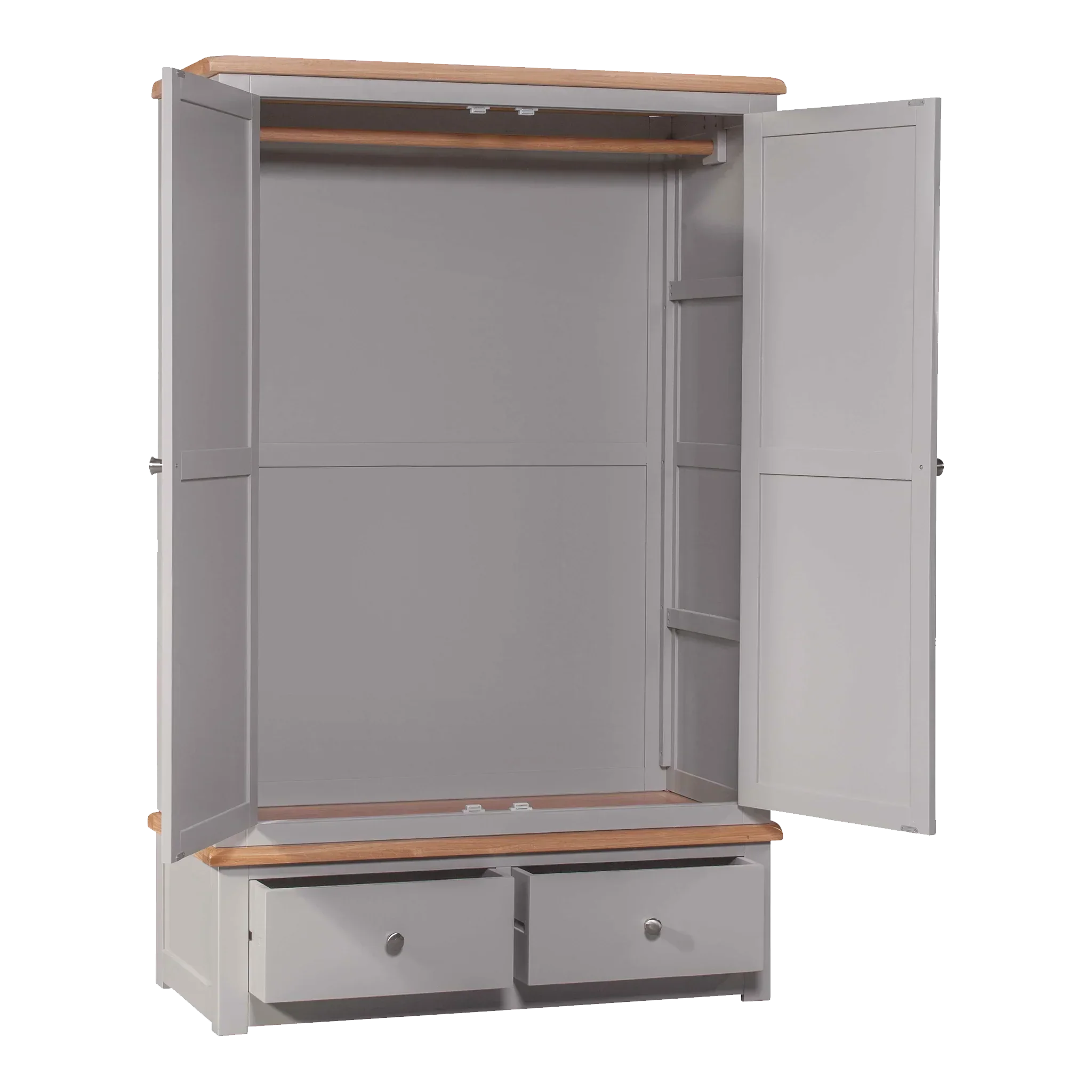 Grey wooden wardrobe with two drawers, double doors, and hanging rail