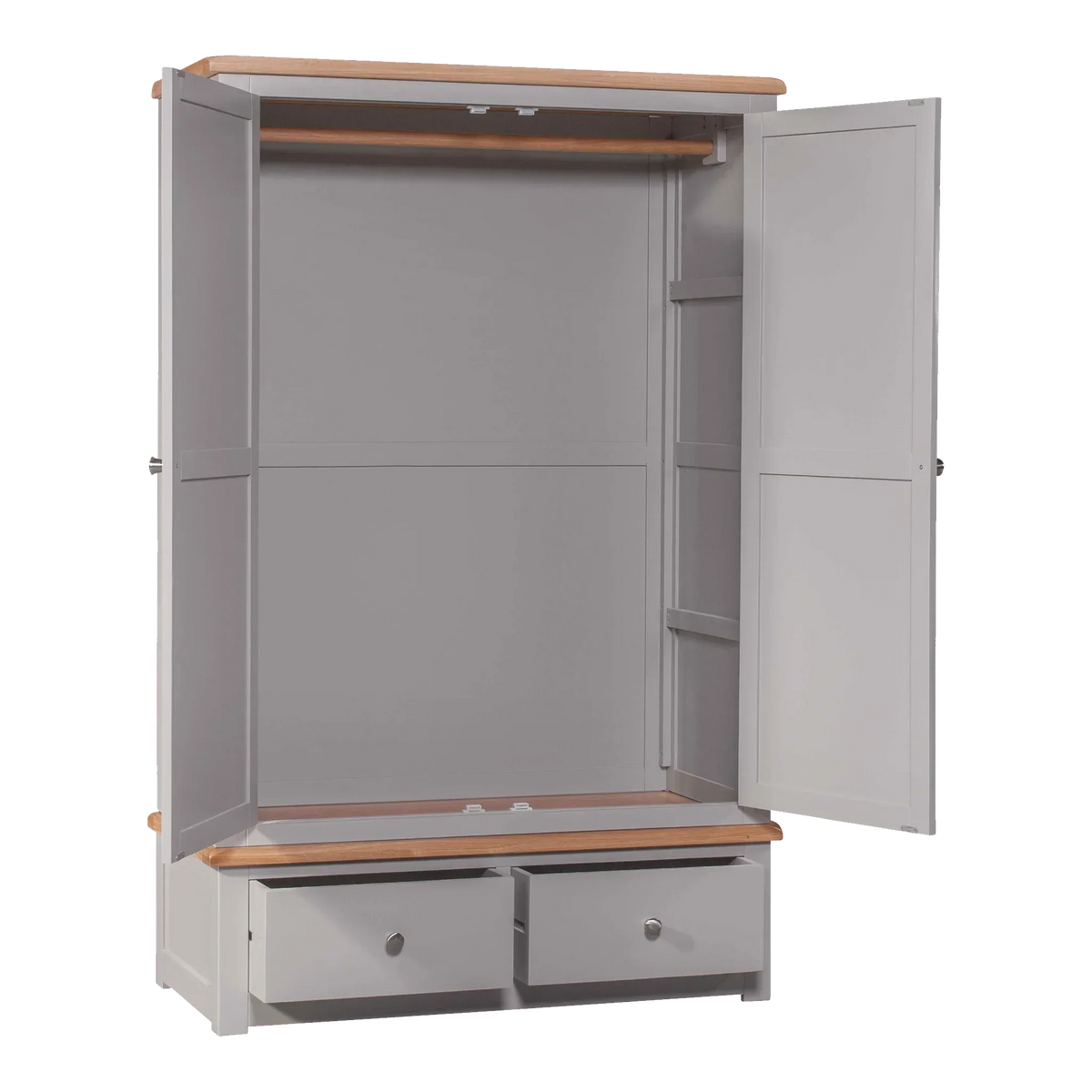 Grey wooden wardrobe with two drawers, double doors, and hanging rail