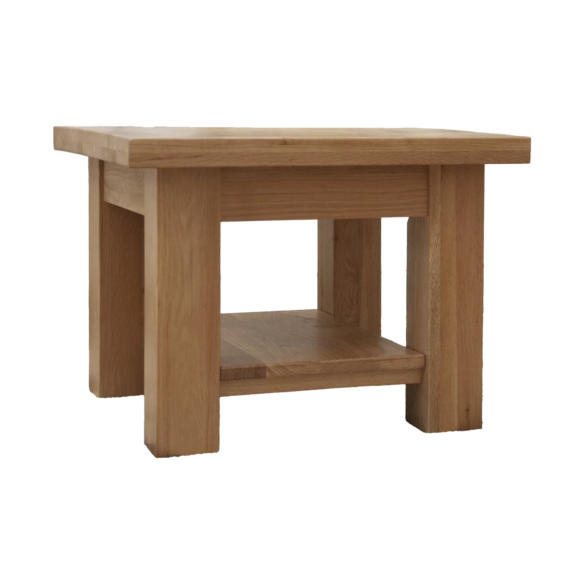 Oak side table with lower shelf and solid wood construction