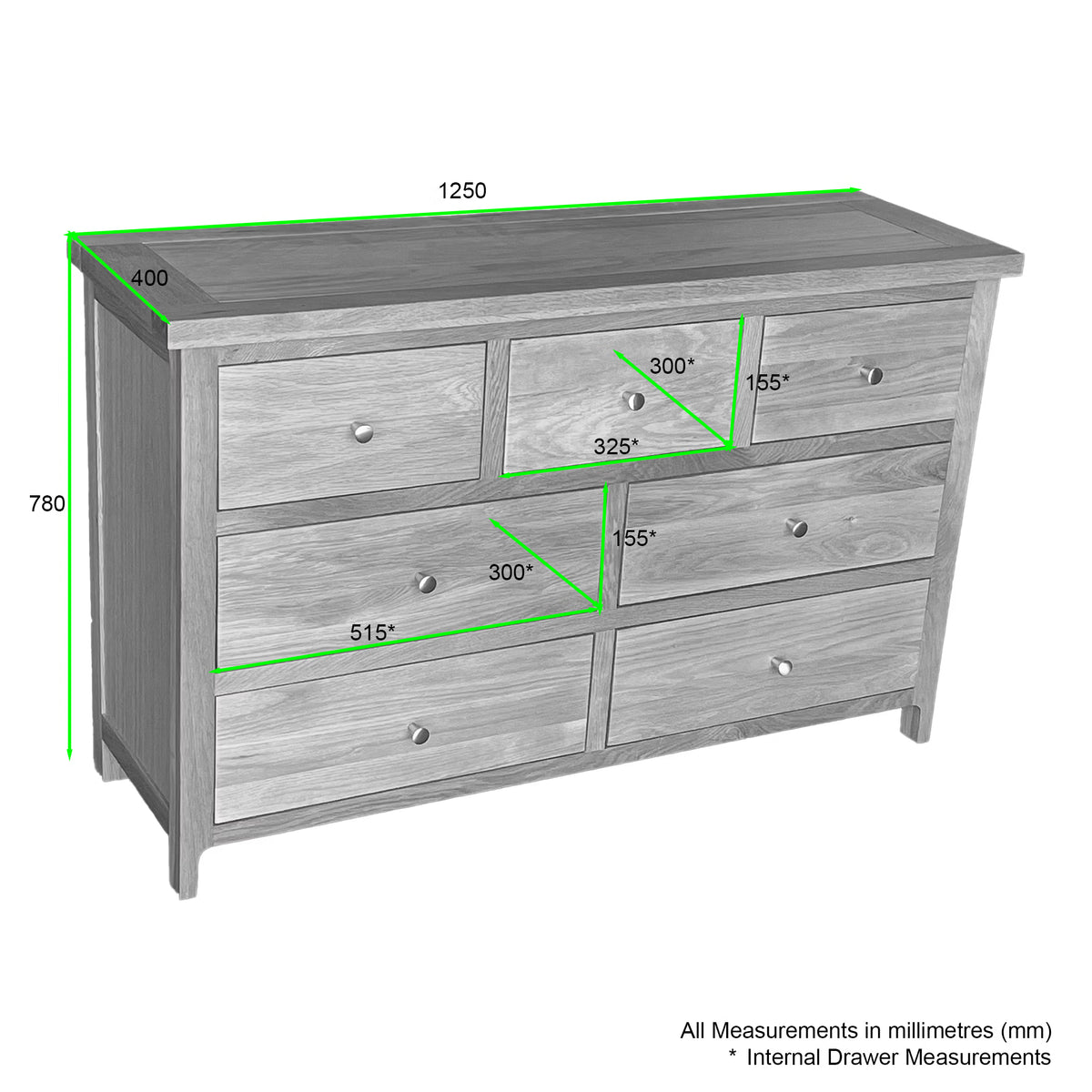 Wooden chest of drawers with metal knobs and detailed measurements in millimetres