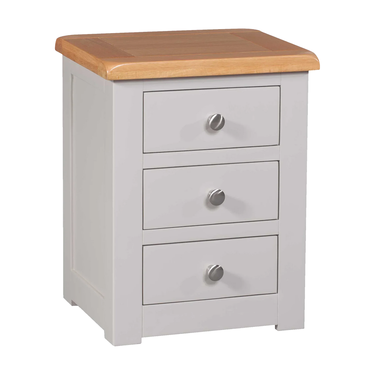 Grey bedside table with three drawers and oak top, metal knobs, angled view