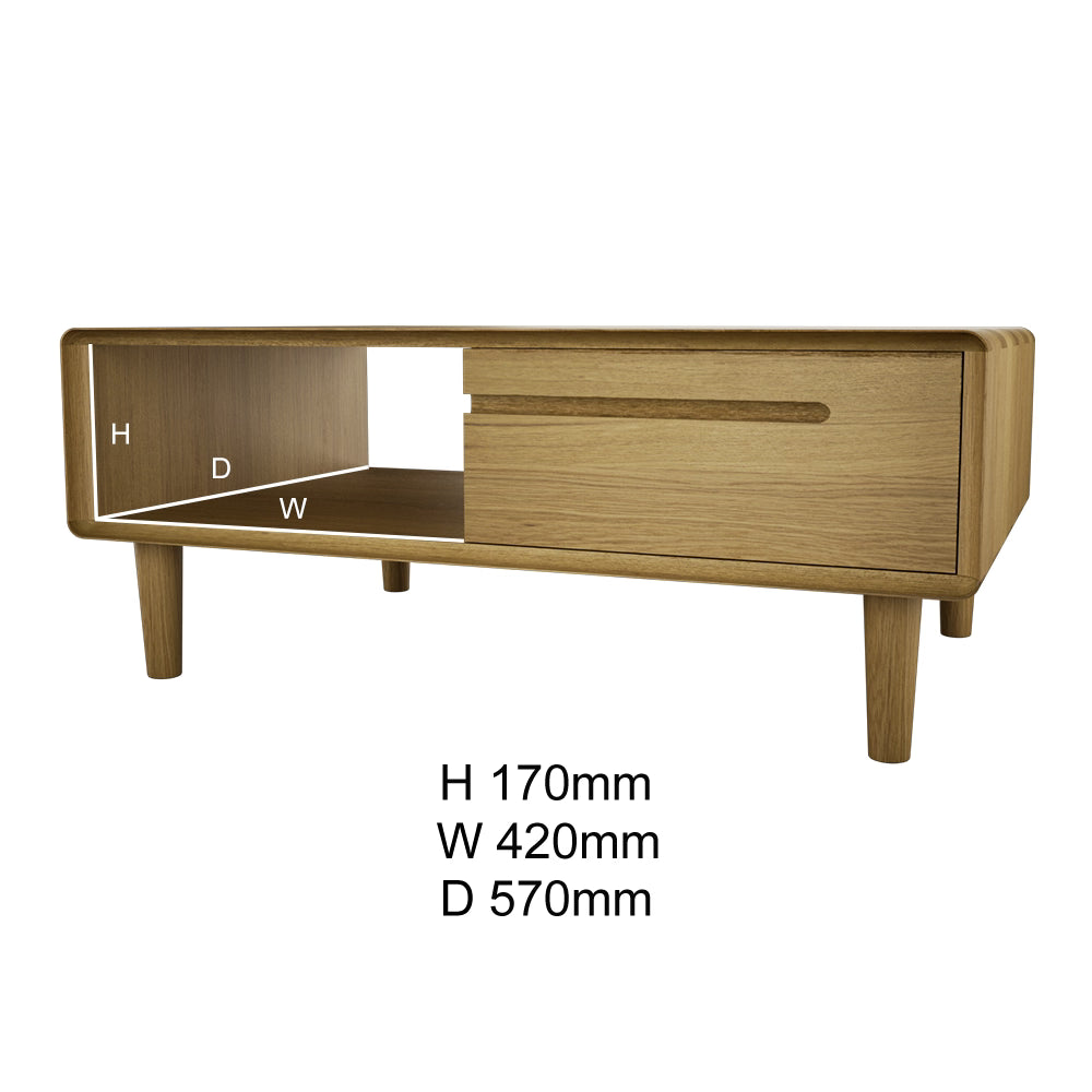 Oak coffee table with open shelf, drawer, and dimensions H 170mm W 420mm D 570mm shown