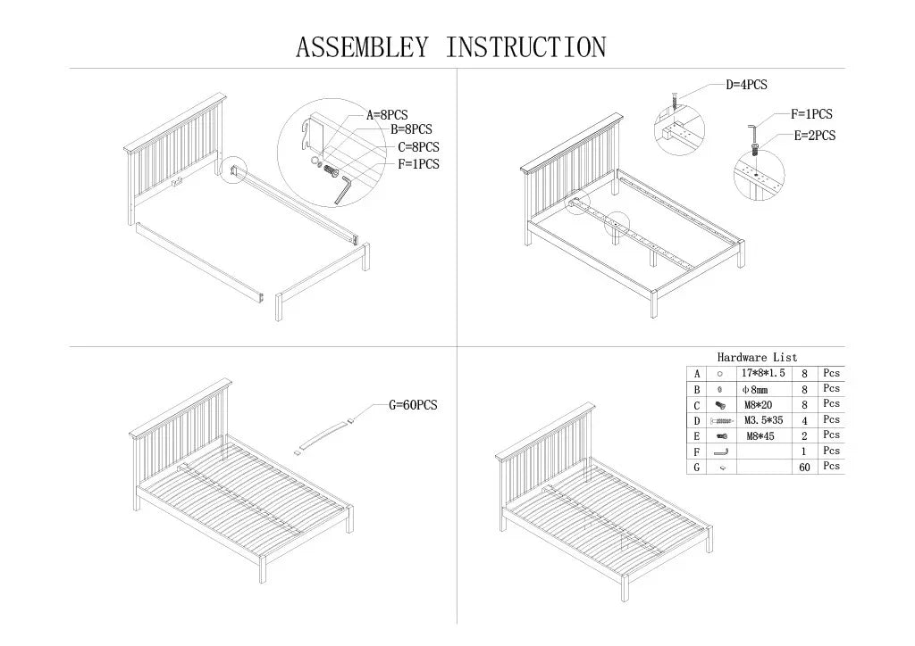 Bed frame assembly instructions with hardware list and step-by-step component diagrams