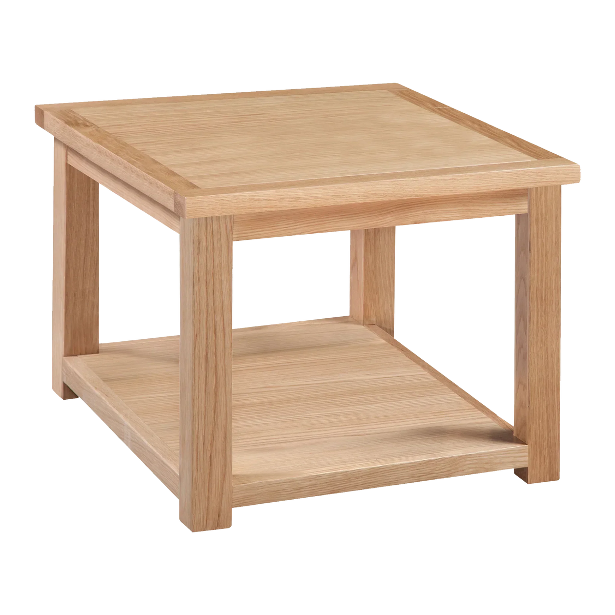 Light oak side table with square top and lower shelf, modern wooden living room furniture