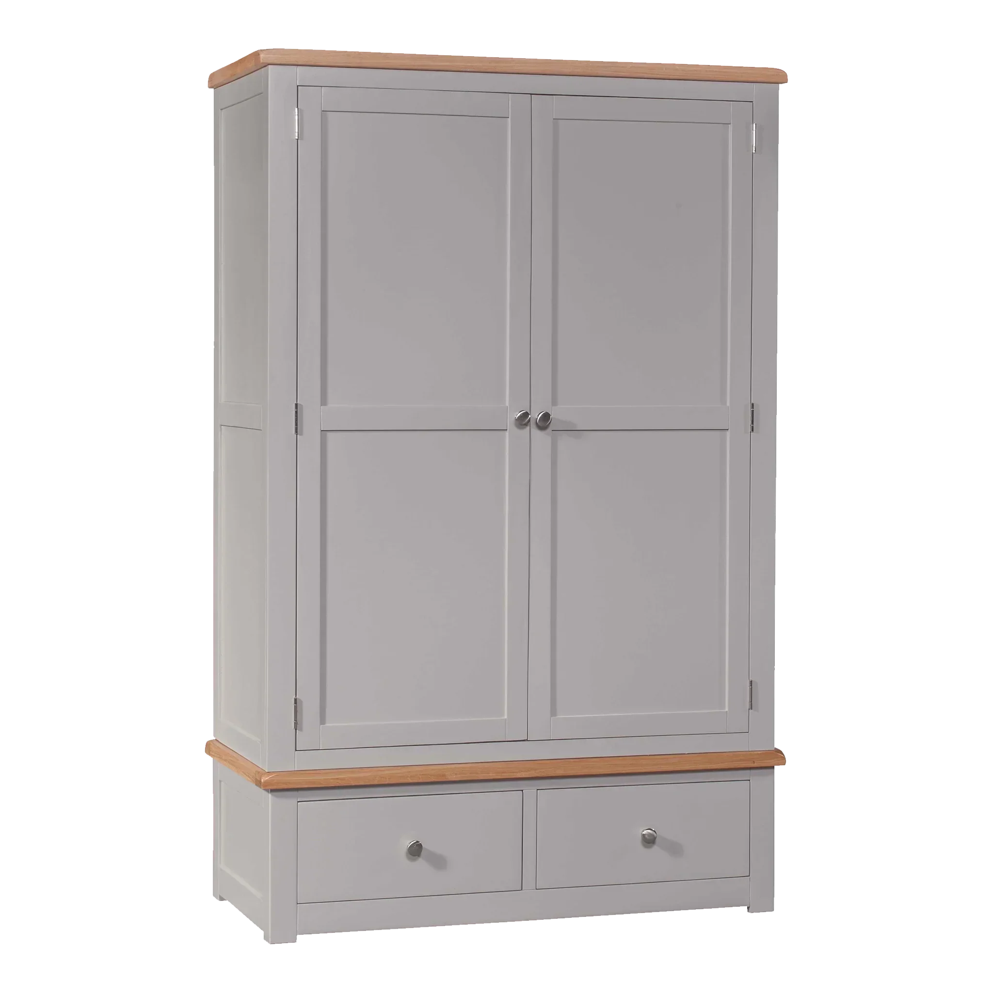 Grey wooden wardrobe with double doors, two drawers and oak top panel