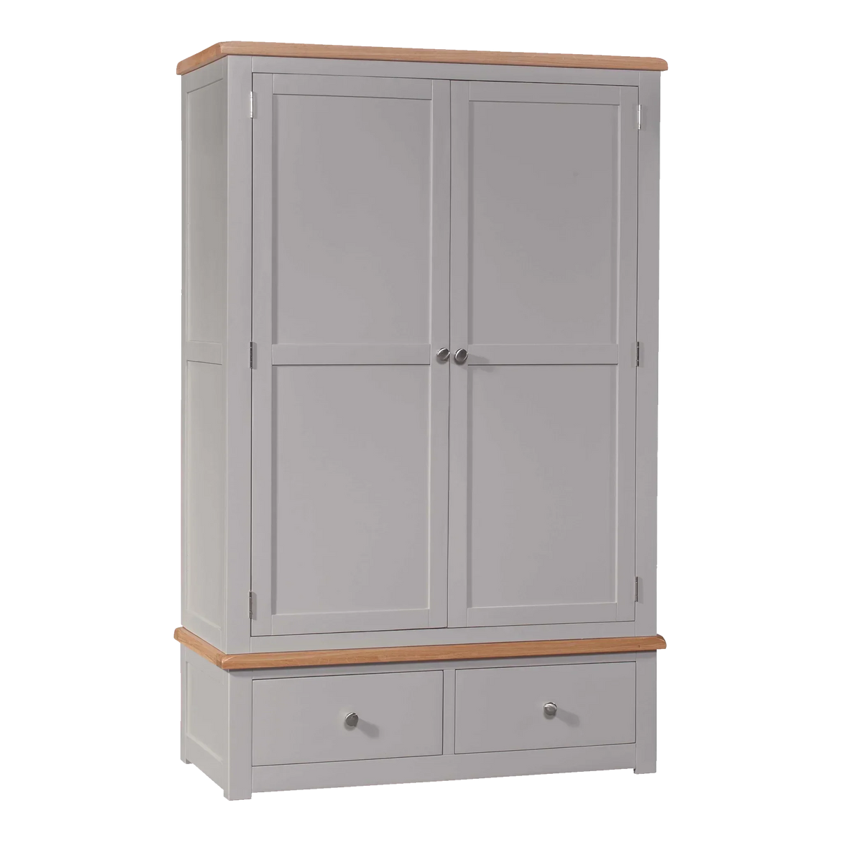 Grey wooden wardrobe with double doors, two drawers and oak top panel