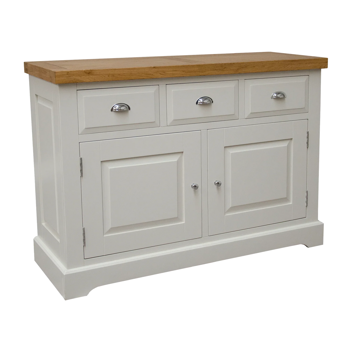 Cream sideboard with oak top, three drawers and two cabinet doors, silver handles