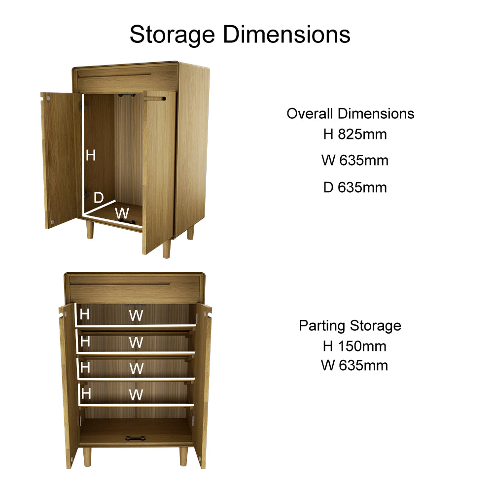 Wooden storage cabinet with open doors, shelves, and labeled dimensions for home furniture