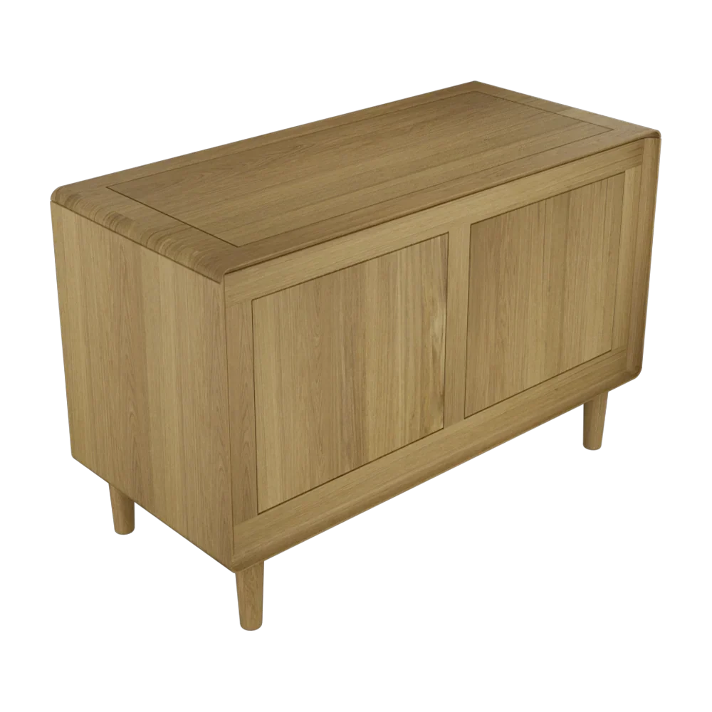 Oak storage bench with panelled front and wooden legs, angled side view