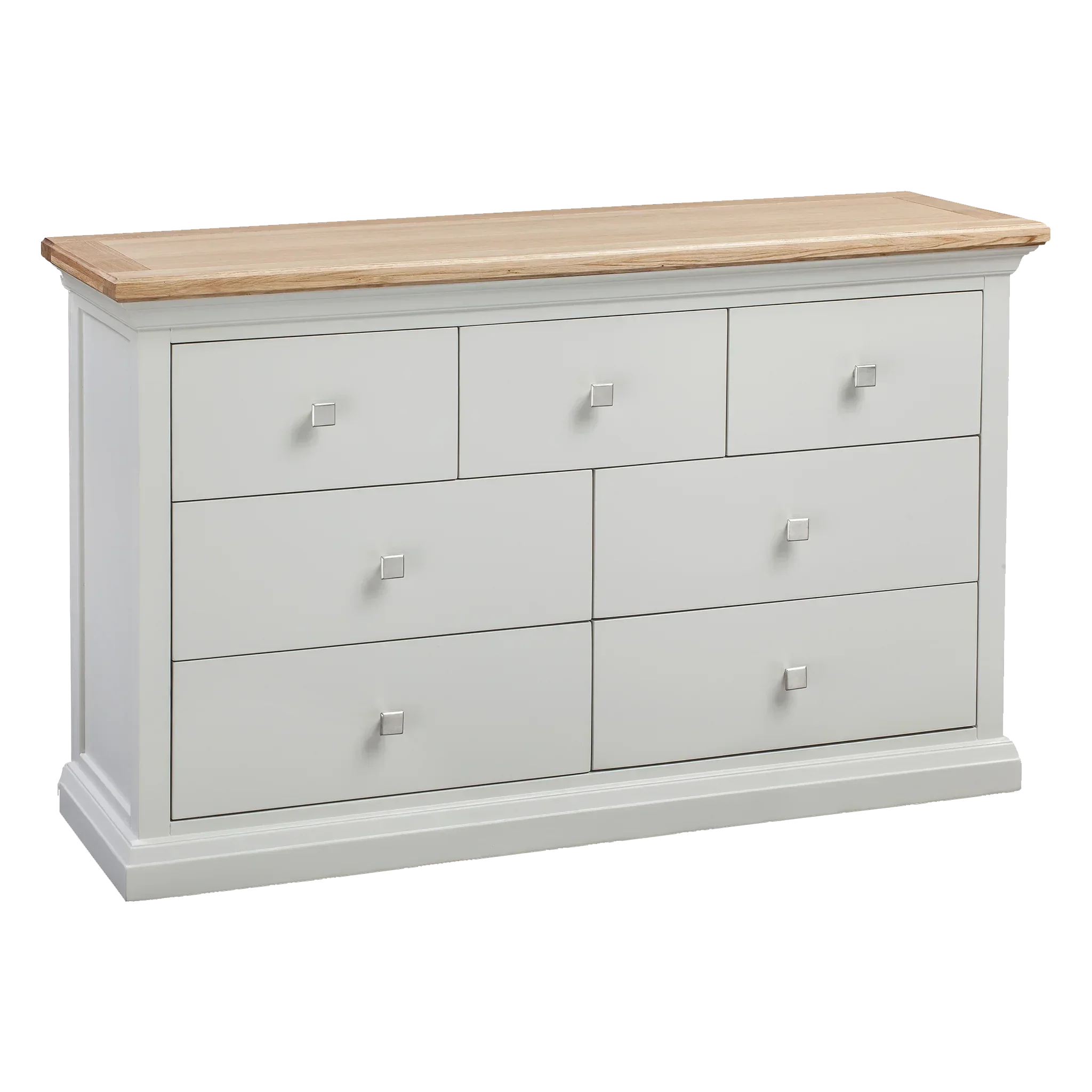 White wooden chest of drawers with oak top and silver square handles, front angle view