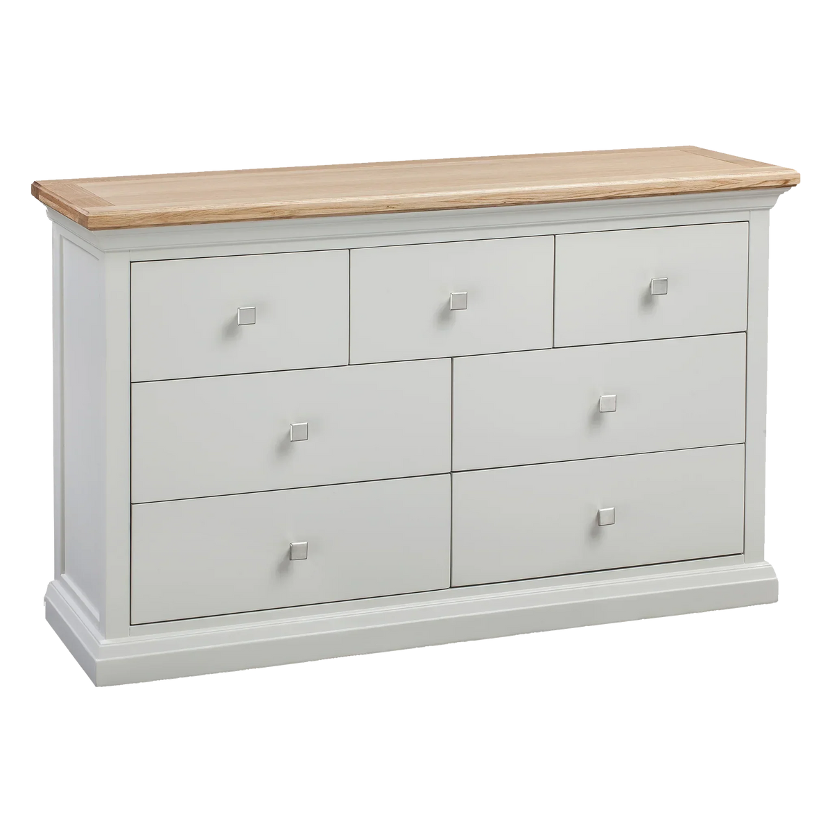 White wooden chest of drawers with oak top and silver square handles, front angle view