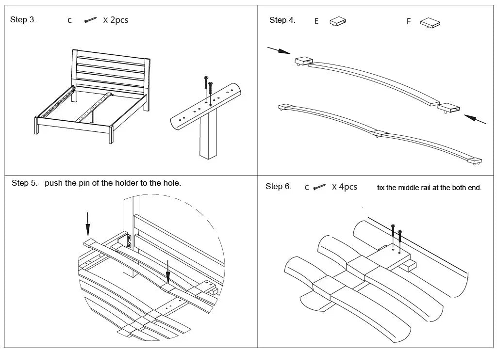 Bed assembly instructions showing slatted wooden bed frame step-by-step guide