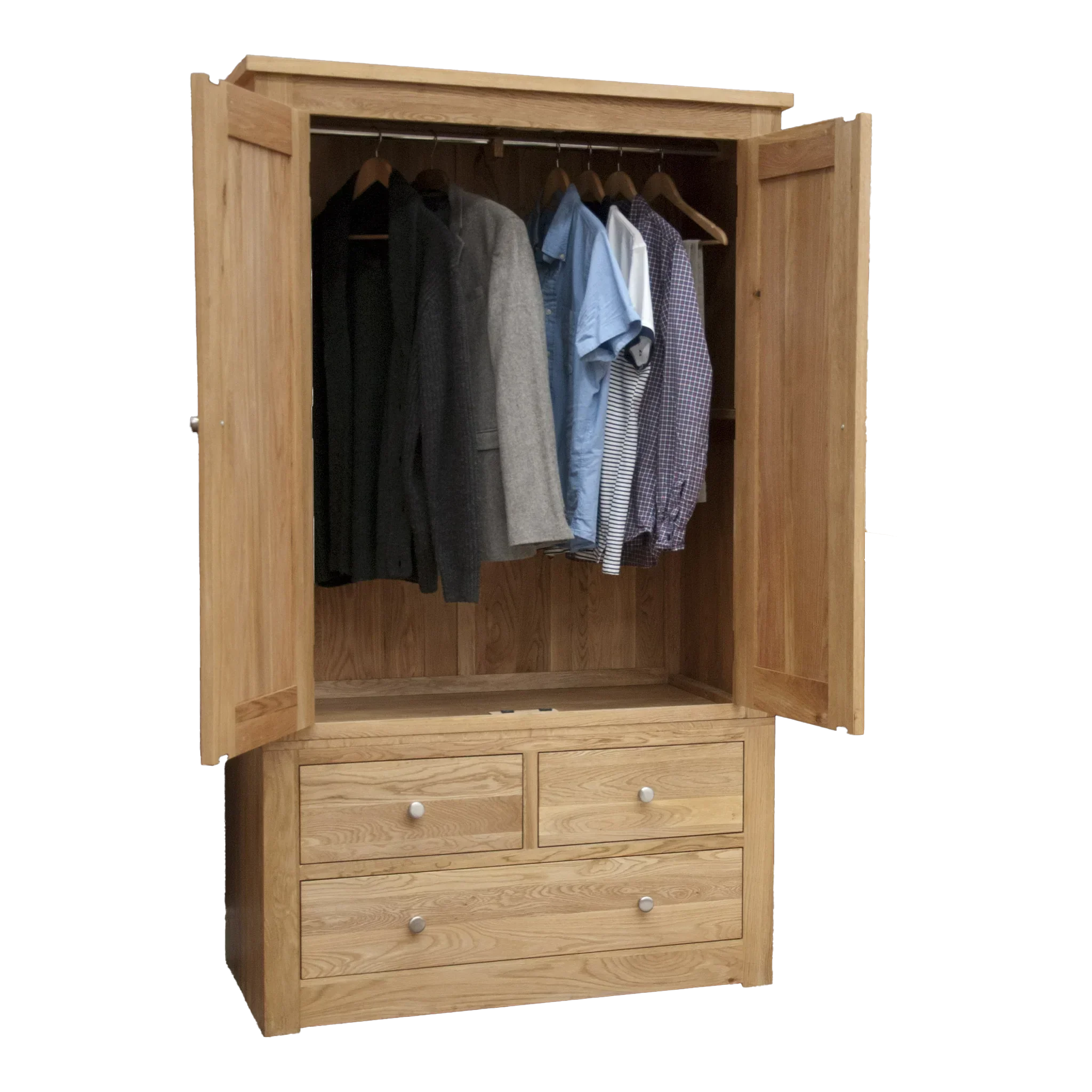 Oak wardrobe with open doors, hanging rail, four drawers, and assorted clothing