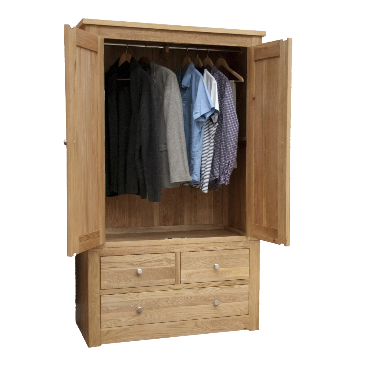 Oak wardrobe with open doors, hanging rail, four drawers, and assorted clothing