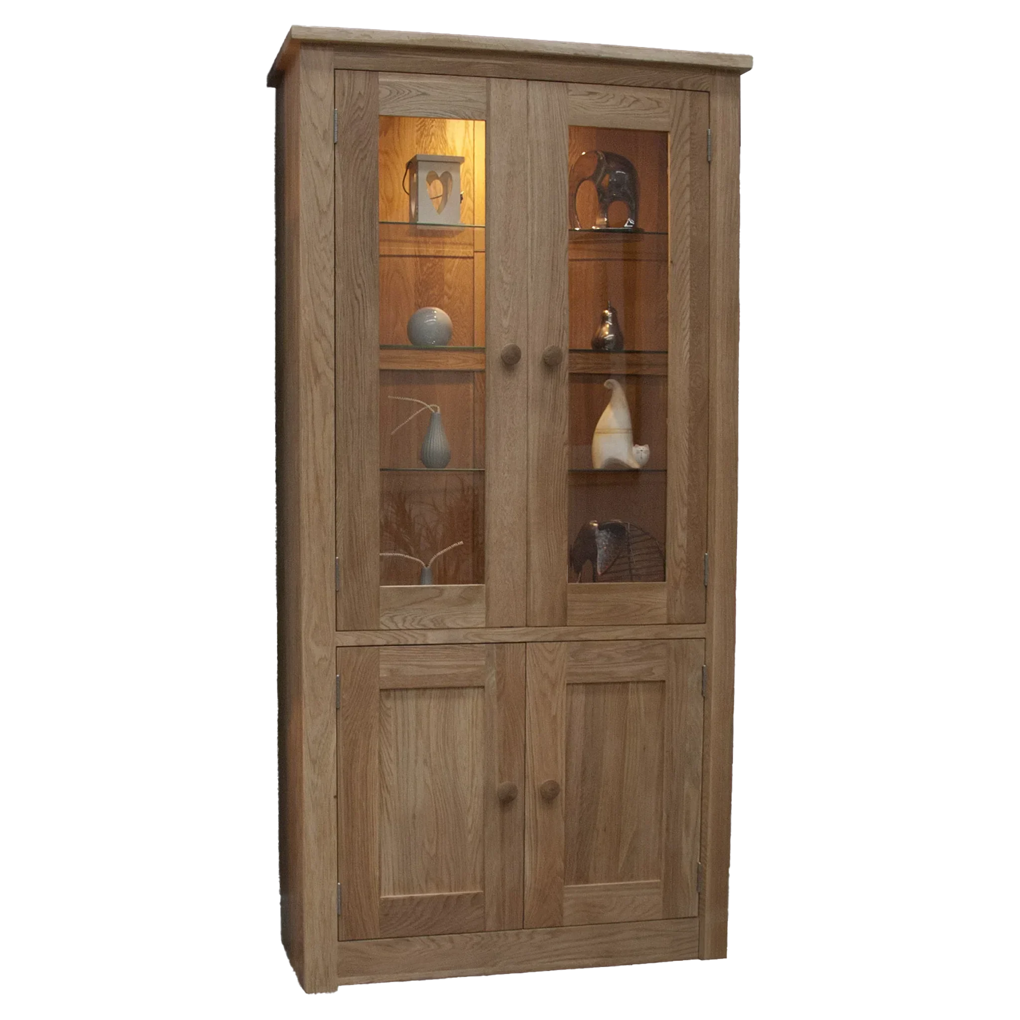 Oak display cabinet with glass doors, wooden shelves, lower storage, and decorative items