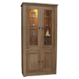 Oak display cabinet with glass doors, wooden shelves, lower storage, and decorative items