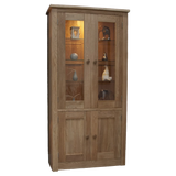 Oak display cabinet with glass doors, wooden shelves, lower storage, and decorative items