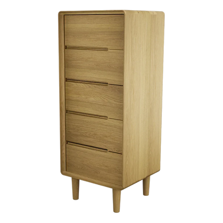 Tall oak chest of drawers with five handleless drawers and rounded edges
