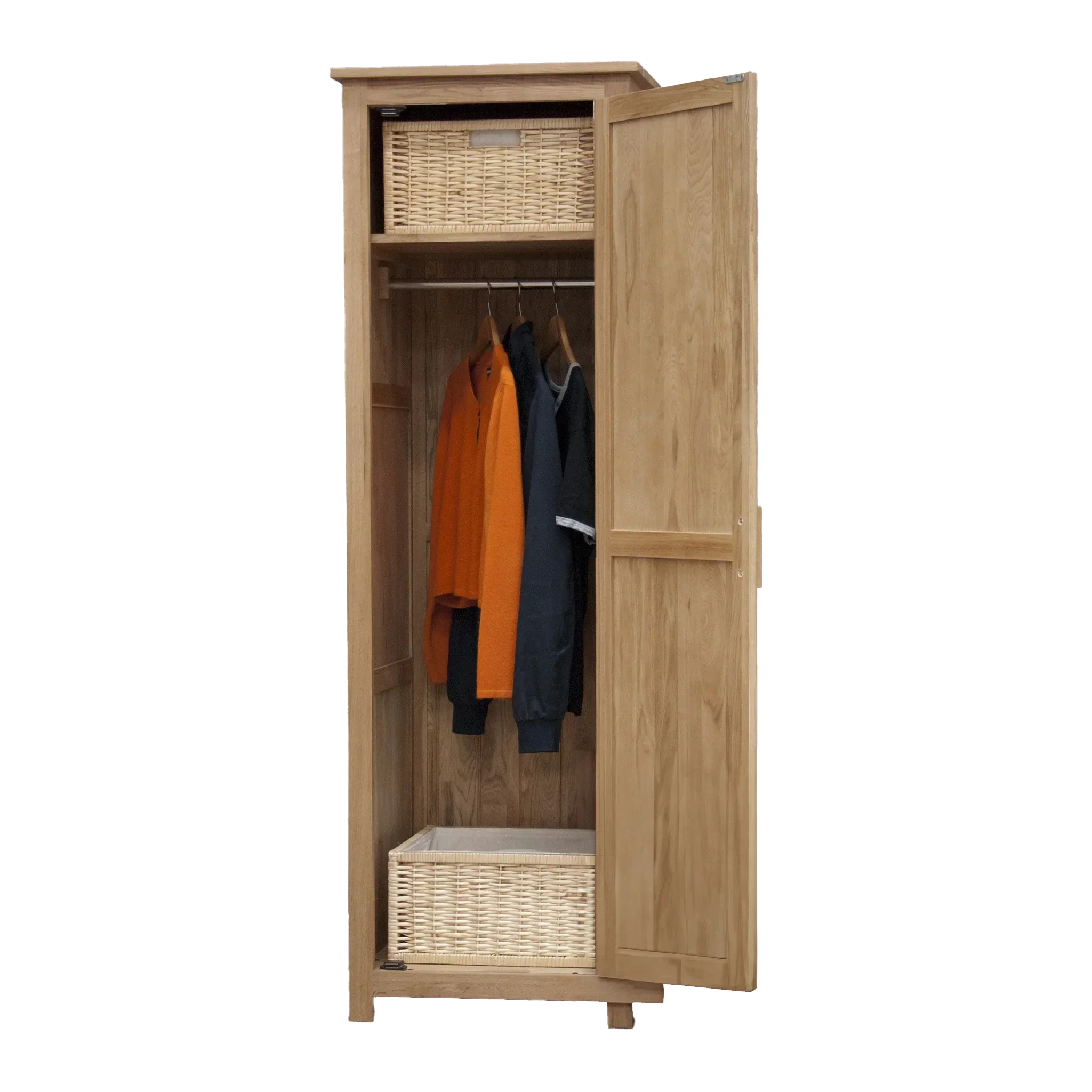 Oak wardrobe with open door, hanging rail, wicker baskets and clothes inside