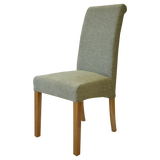 Upholstered dining chair with light wood legs and high backrest