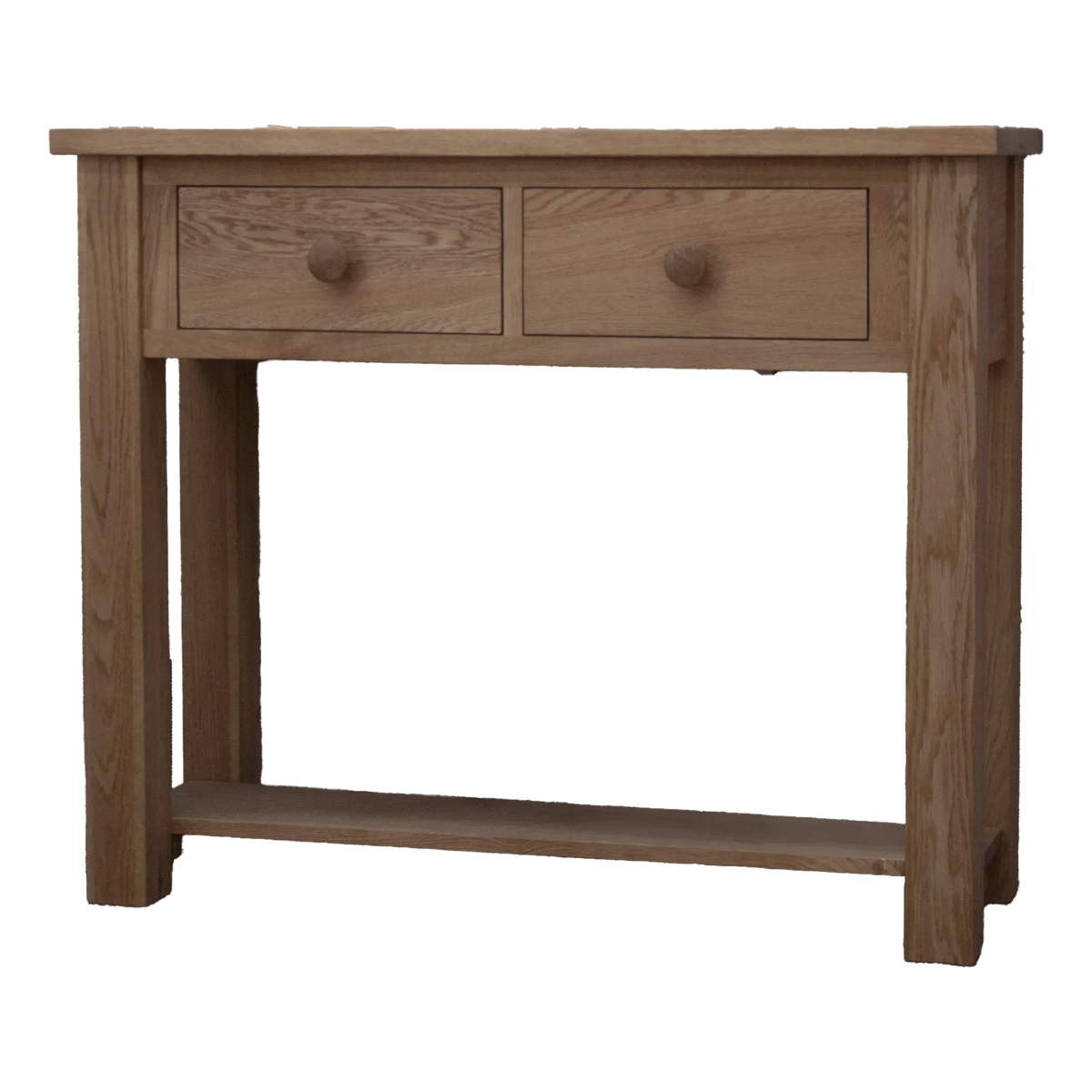 Oak console table with two drawers and lower shelf, natural wood finish, front view