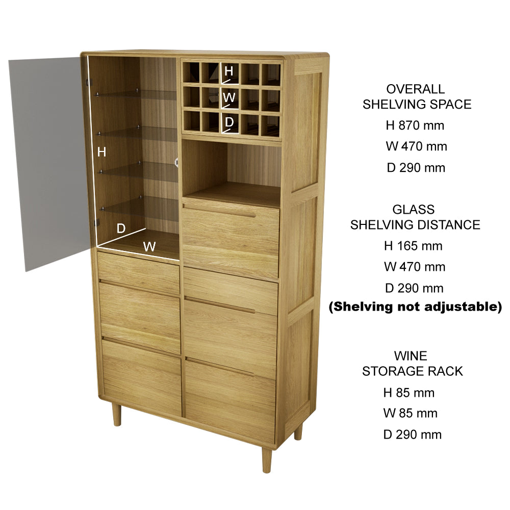 Oak cabinet with glass shelving, drawers and wine storage rack, shelving measurements shown