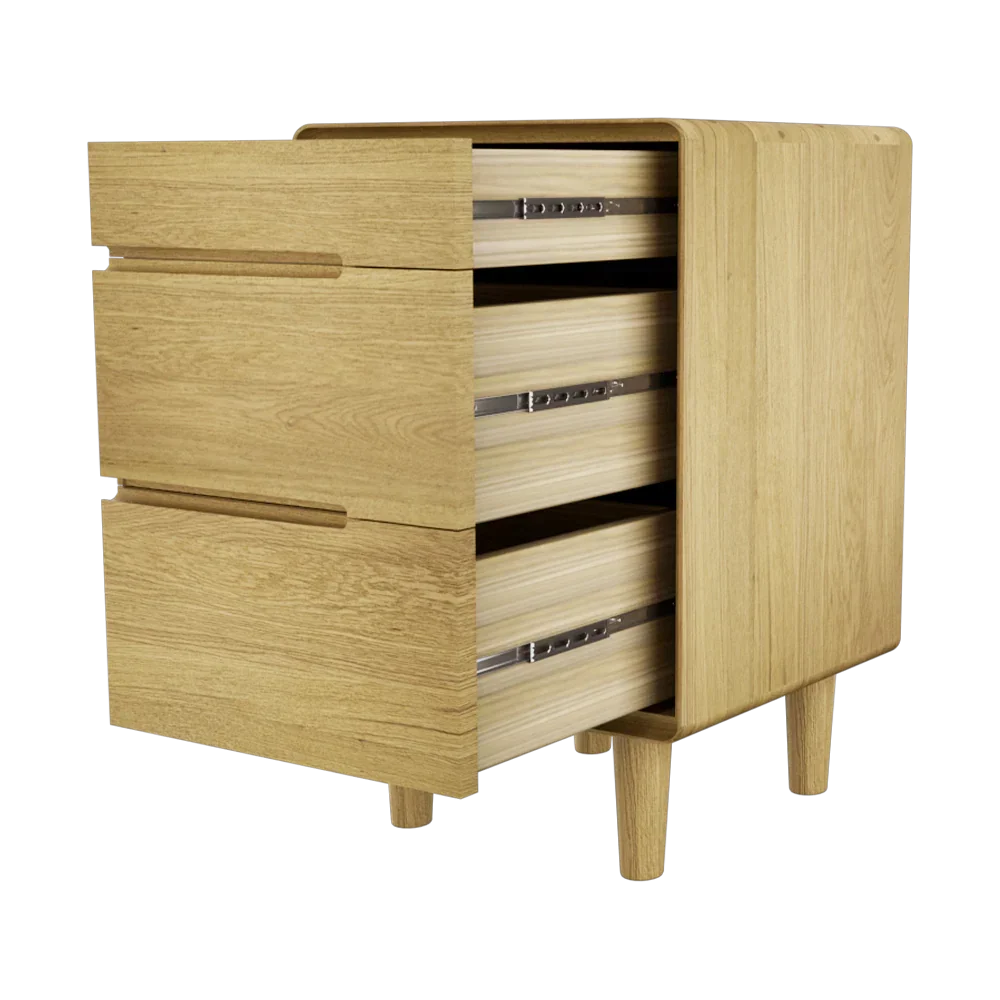 Light oak wooden chest of drawers with three open drawers and rounded edges