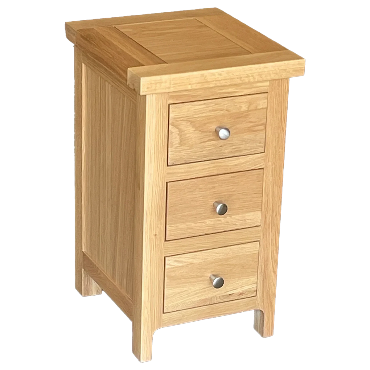 Oak bedside table with three drawers and silver handles, natural wood finish