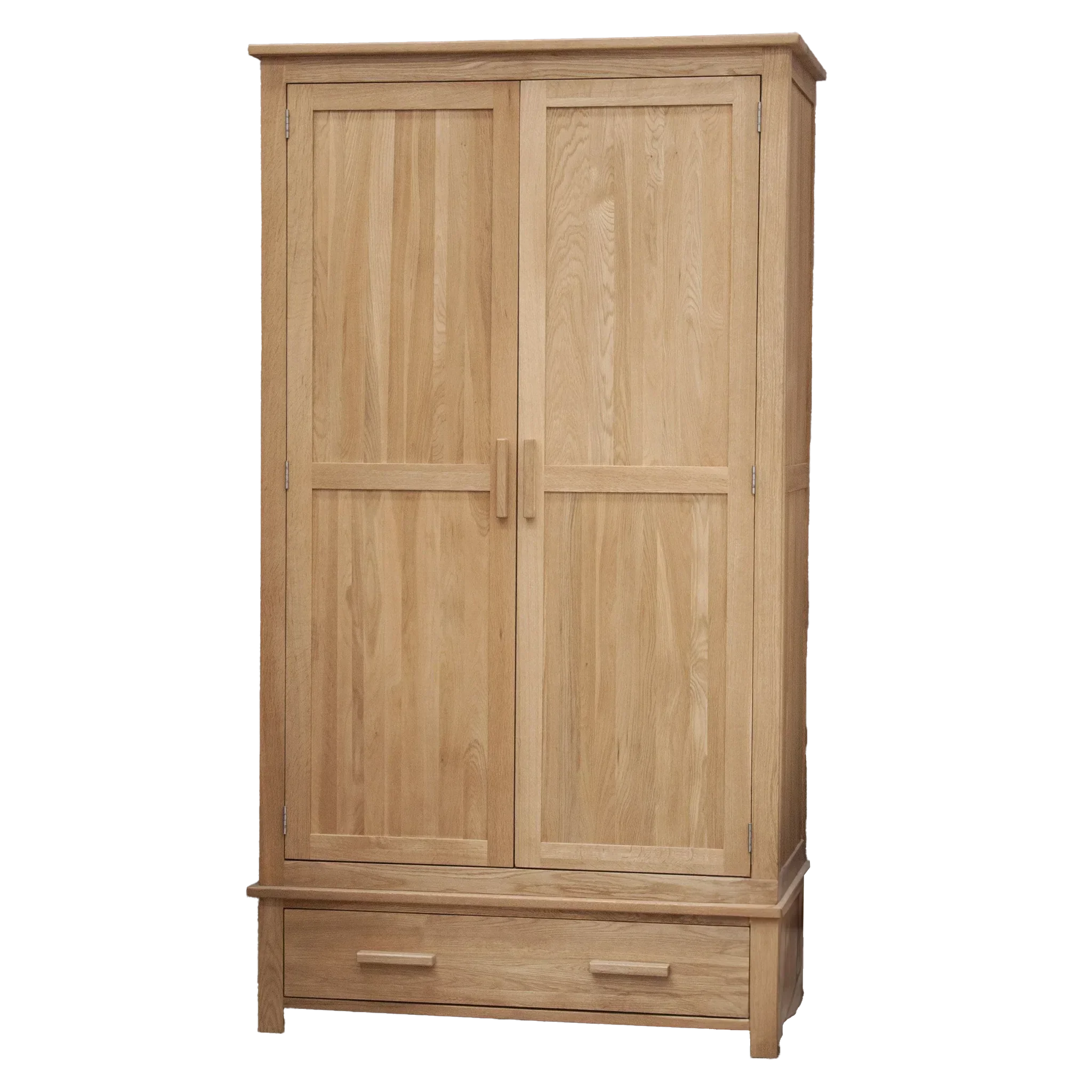 Oak wardrobe with two panel doors and lower storage drawer, shown from the front