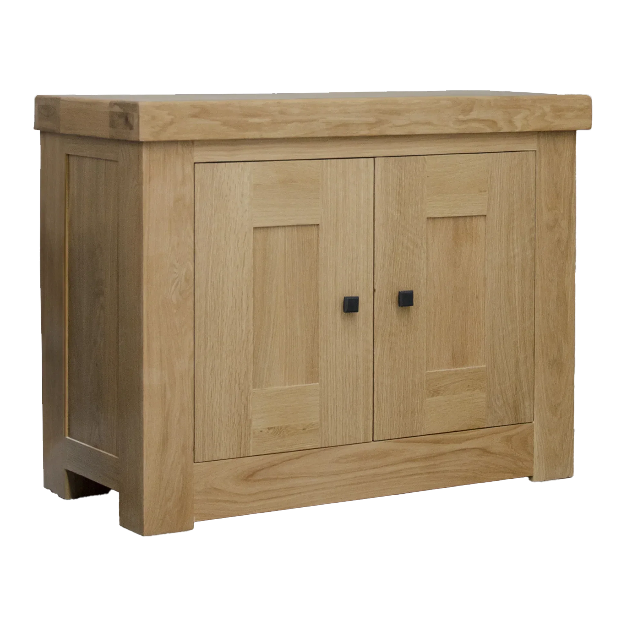 Oak sideboard with two panel doors and black square handles, shown at an angle