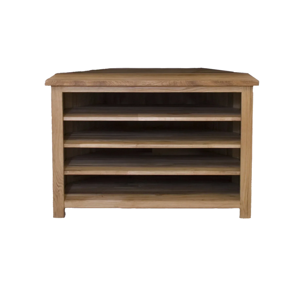 Oak corner TV unit with three open shelves and wood grain finish