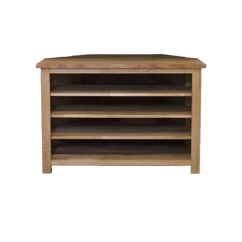 Oak corner TV unit with three open shelves and wood grain finish
