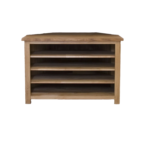 Oak corner TV unit with three open shelves and wood grain finish