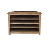 Oak corner TV unit with three open shelves and wood grain finish