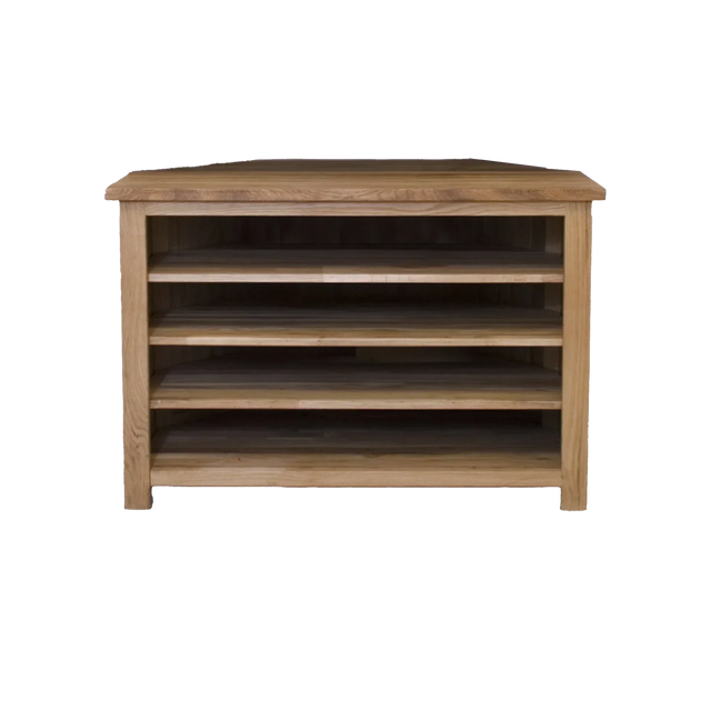 Oak corner TV unit with three open shelves and wood grain finish