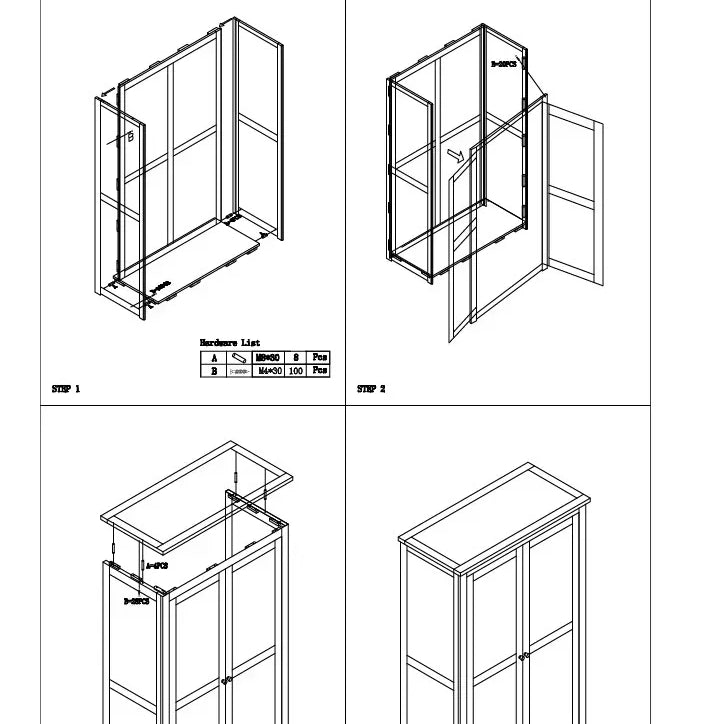 Wardrobe assembly instructions with step-by-step diagrams and hardware list